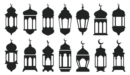 Islamic lantern icon, black vector silhouette for festive celebration design, Ramadan and Eid decoration symbol © Ayat 03