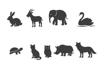 Animal silhouette set including rabbit, goat, elephant, swan, turtle, cat, owl, rhinoceros and wolf isolated © Arifur