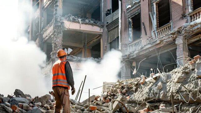 Construction worker observing building demolition aftermath