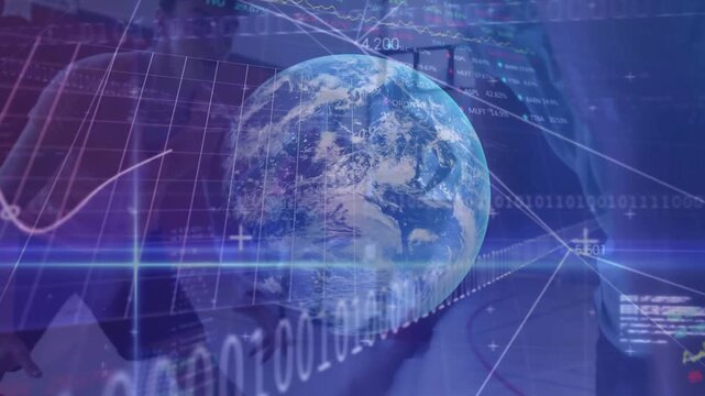 Animation of financial data processing and globe over wind chemical in blue background