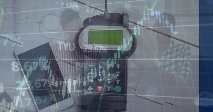 Animation of financial data processing over delivery man and van