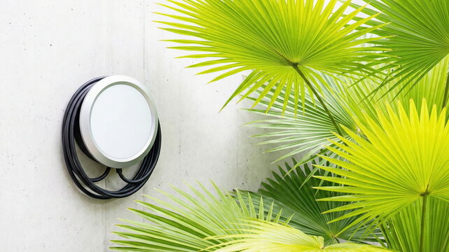 Sleek EV charging station on a concrete wall, framed by lush green palm leaves. Represents sustainable energy, modern technology, and eco-friendly future.