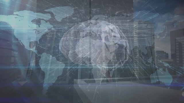Animation of digital brain with data processing and world map over cityscape