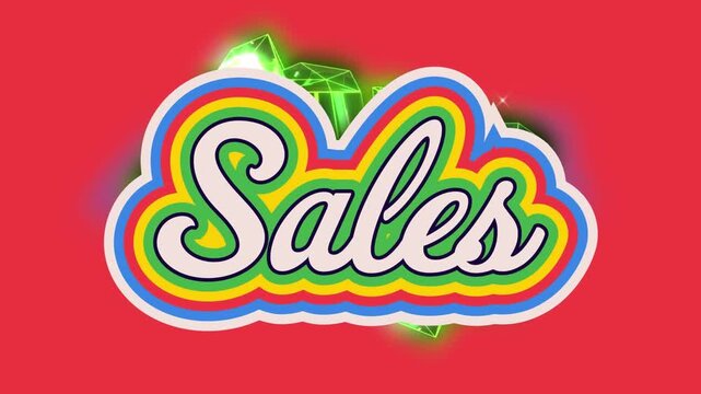 Animation of colorful sales text over green illuminated moving patterns on red background