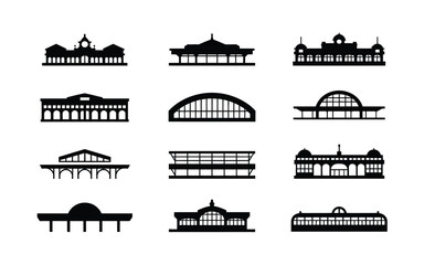 Collection of various black silhouettes of buildings and structures with arches and domes on white background for architecture and design © Shela
