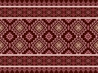 Obraz premium Abstract Ethnic Tribal Geometric Seamless Pattern, Maroon and Rose Pink Traditional Folk Textile Ornament for Cultural Fabric, Wallpaper and Elegant Background Design