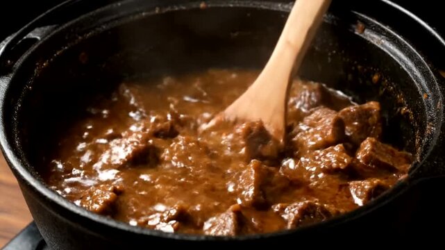 A hearty beef stew in a pot.