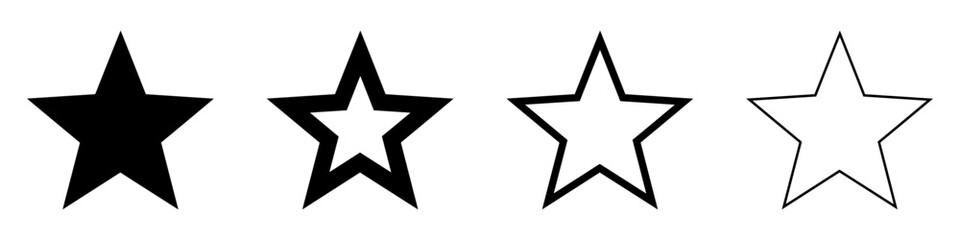 Fototapeta premium A row of four five-pointed stars with different outline thicknesses and fills. Minimalist vector illustration showing rating stages or graphic styles.