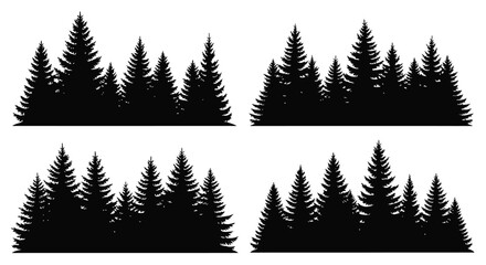 Four arrangements of coniferous trees in a stark black silhouette © adobeamena