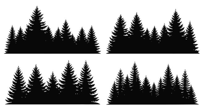 Four arrangements of coniferous trees in a dark silhouette