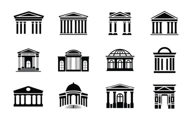 Black and white illustration set of various classic building facades with columns and domes on white background © Shela
