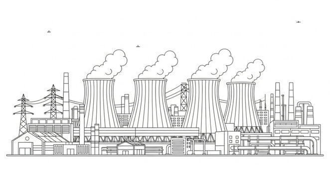 Industrial Factory Complex with Smokestacks.