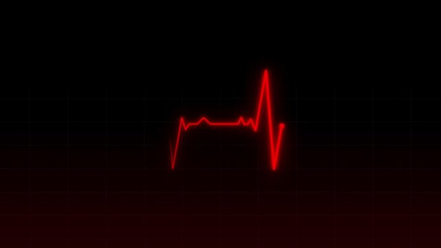 Digital heartbeat monitor showing a flatline. Neon heart cardiogram animation. Red heartbeat and pulse neon glowing 4K video