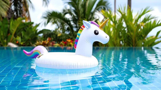 A whimsical white unicorn inflatable floats serenely on the surface of a clear blue swimming pool surrounded by lush tropical foliage, conveying a playful and relaxing summer vacation mood
