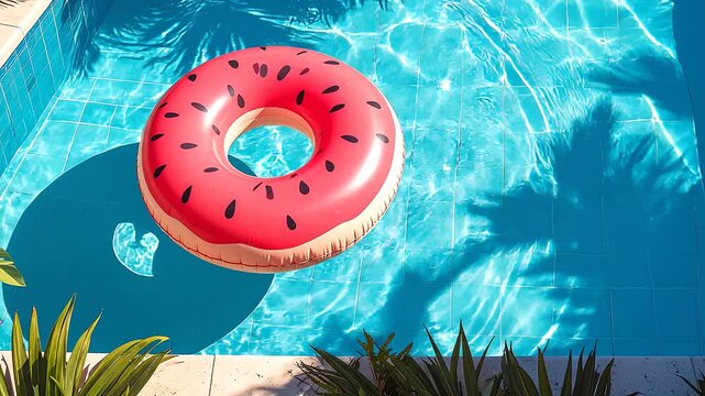A bright pink donut-shaped inflatable float bobs on the clear blue water of a swimming pool, casting shadows from nearby palm trees