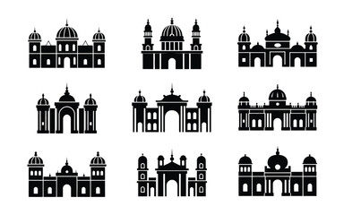 Black silhouettes of various indian architectural monuments and buildings with domes and arches on white background © Shela