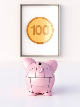 Rendering of pink robot piggy bank in front of coin in a frame