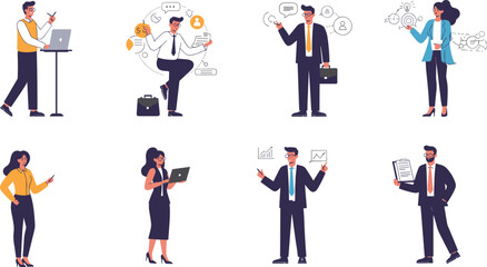 Flat vector illustration of business people working, presenting, analyzing data, communication, leadership, and teamwork for corporate office success