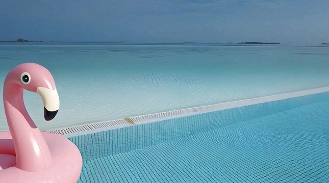 Close-up of a pink inflatable flamingo floating in a bright blue infinity swimming pool with calm ocean water in the background under a clear sky, conveying a summer vacation mood