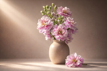 Fototapeta premium Delicate pink flowers in ceramic vase, minimalist floral still life with soft natural light