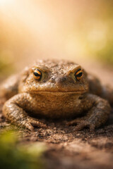 Obraz premium Macro portrait of brown toad with golden eyes in natural habitat