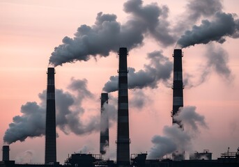 Industrial Chimneys Releasing Smoke into Atmosphere at Sunset