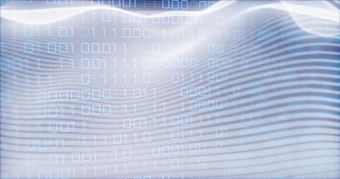 Animation of looping binary codes and dynamic wave pattern over abstract background