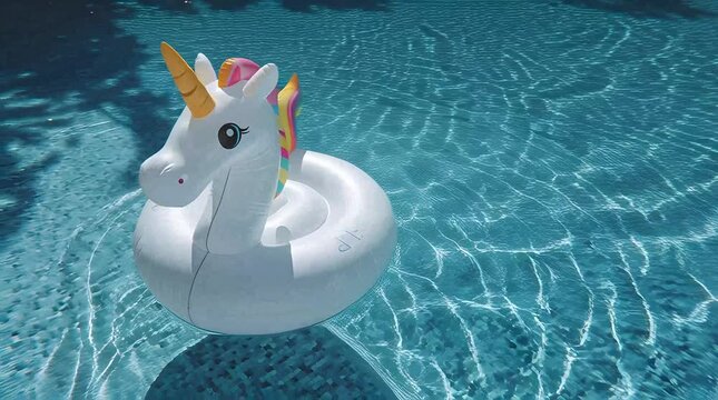 A whimsical white unicorn inflatable float bobs serenely on the crystal-clear blue water of a sunlit swimming pool, casting gentle shadows on the tiled bottom