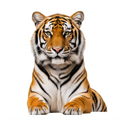 Obraz premium Tiger lying down, orange and black stripes, isolated on a transparent background