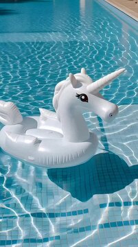 A white inflatable unicorn pool float drifting serenely on the bright blue water of a swimming pool, reflecting sunlight with a playful and refreshing mood