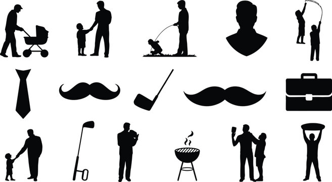 Collection of black silhouette icons depicting everyday life and leisure activities of men