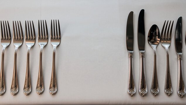 Showing polished stainless steel cutlery lying on white tablecloth, with six forks and two knives