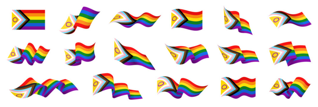 Progress pride flag set, inclusive LGBT rainbow flag icons