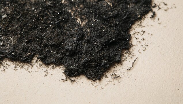 Displaying dark fibrous potting mix patch spreading across pale beige tabletop, with perlite flecks