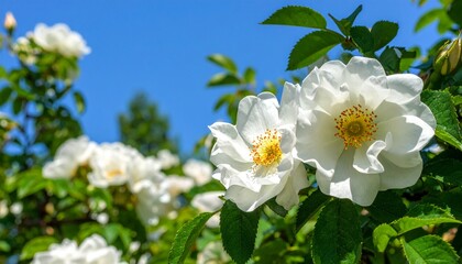 Fototapeta premium The beautiful white rose bush rosa rubiginosa or forest rose is in full bloom.