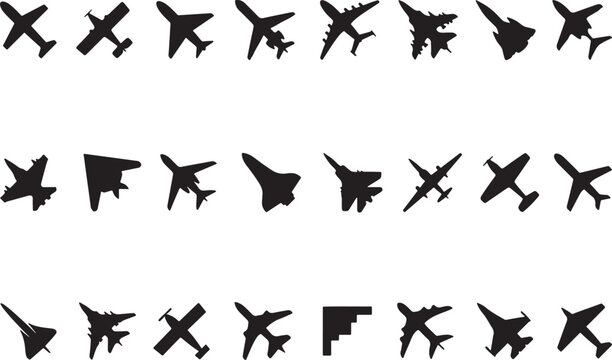Abstract black silhouettes of various aircraft in a grid pattern isolated on transparent background