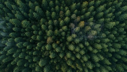 Displaying dense coniferous canopy from aerial view, revealing small patch of dead crowns
