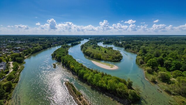 Flowing winding river curving around treed islands and sandy spit in rural valley, showing houses