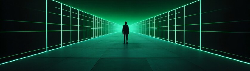 Fototapeta premium Solitary figure in a green neon grid tunnel, a futuristic digital journey into an immersive virtual reality, Sci-fi, Cyberpunk