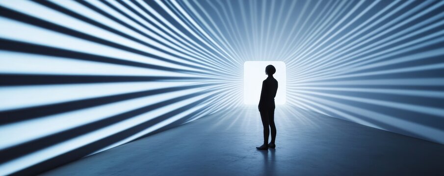 Solitary silhouette faces a glowing portal within a dynamically striped digital tunnel, contemplating a journey into the unknown future, Digital, Future