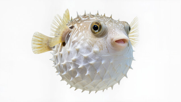 Close-up of a puffer fish with spines inflated on a white background