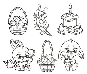 Rabbits, willow branches, Easter cake, baskets with Easter eggs outlined for coloring on a white background