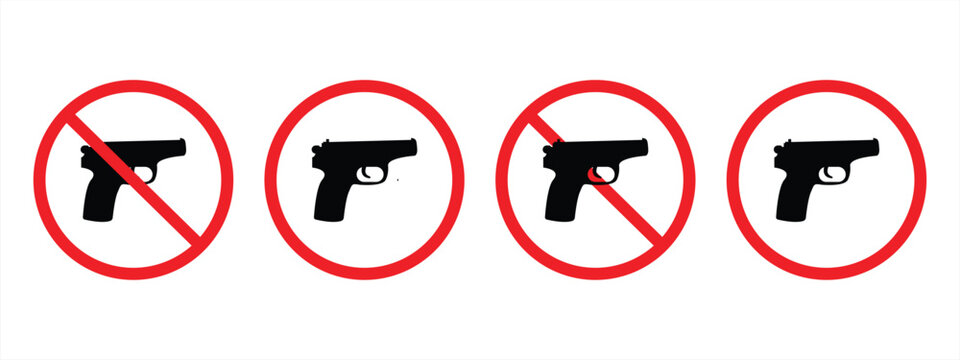 Collection of firearm prohibition icons. Red prohibition sign with a firearm or other weapon. Handgun prohibition. Vector illustration.