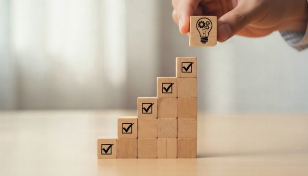 Business Innovation and Performance Strategy. Hand placing idea lightbulb block above rising checklist cube steps, representing strategic planning, performance improvement, and measurable progress.
