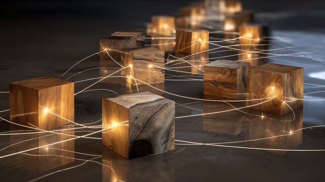 Glowing wooden cubes connected by lines.