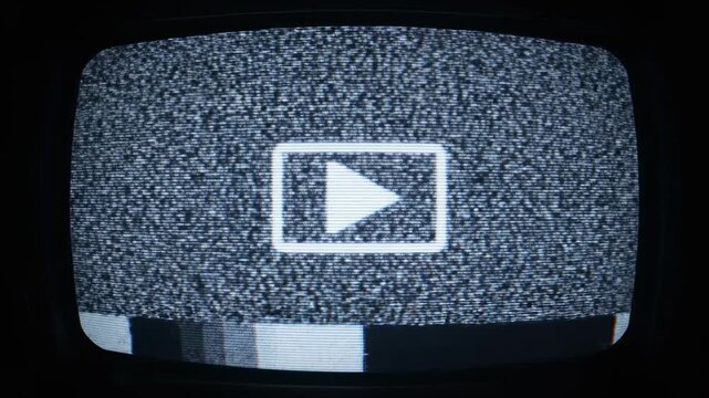Vintage TV screen static with a white play button icon. Rounded corners & black background
