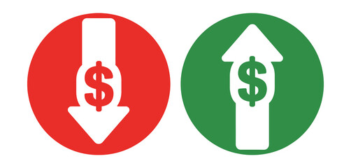 Profit and loss icon, financial trend vector illustration with red down arrow and green up arrow, dollar currency growth and decline symbol for market analysis © Ayat 03