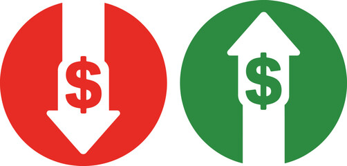 Profit and loss icon, financial trend vector illustration with red down arrow and green up arrow, dollar currency growth and decline symbol for market analysis © Ayat 03