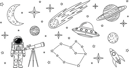 Astronaut with telescope, rocket, UFO, planets, stars, constellation, comet, crescent moon, outer space exploration, astronomy science, flat vector illustration © Anamul Arafat