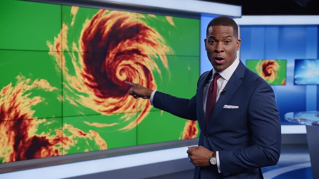Weather forecaster presenting hurricane forecast on TV, standing in modern news studio with large screen displaying storm graphics, dressed in professional business attire, explaining weather